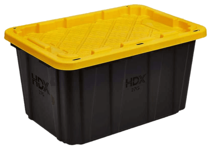Black 27-gallon moving tote with a yellow snap-fit lid